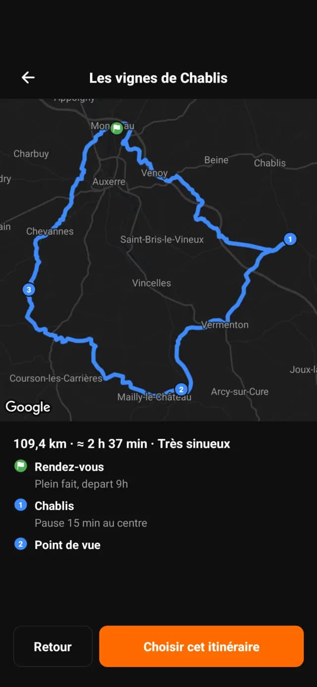 Itinéraire « Les vignes de Chablis » dans l'app Bécane : une boucle très sinueuse de 109 km avec ses étapes nommées